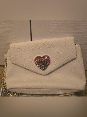 Juicy Couture White Embossed Heart Logo Wristlet with Multicolor Gem Plaque